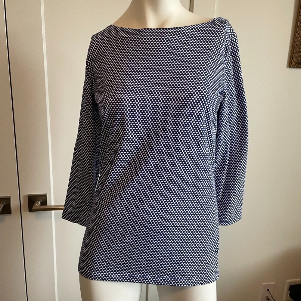Jones New York Signature Boat Nk 3/4 Slv Polka Dot Cotton Blend Top Blue Wht S